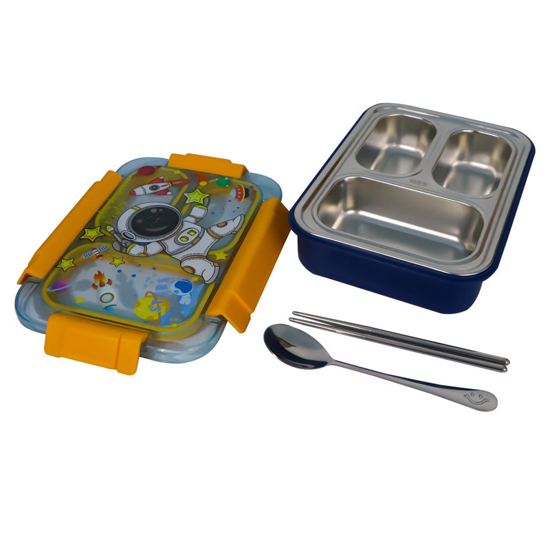 Space Astronaut 3-Compartment Stainless Steel Lunch Box with Spoon & Chopsticks