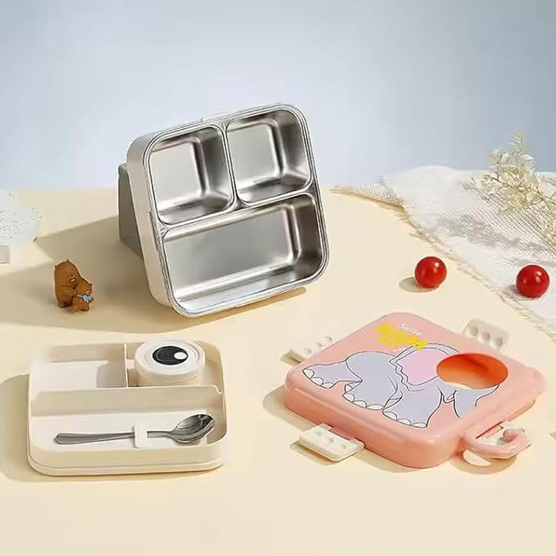 Cute Elephant 3-Compartment Stainless Steel Lunch Box with Spoon – Leakproof Bento Lunch Box for Kids