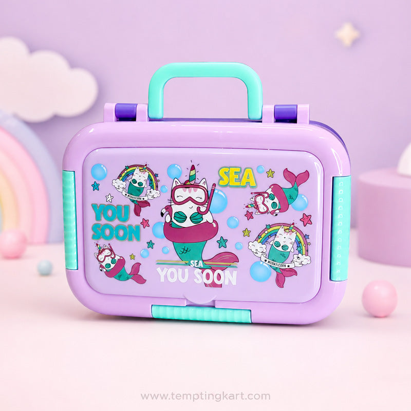 Sea Unicorn 3-Compartment Stainless Steel Lunch Box with Sauce Container & Spoon