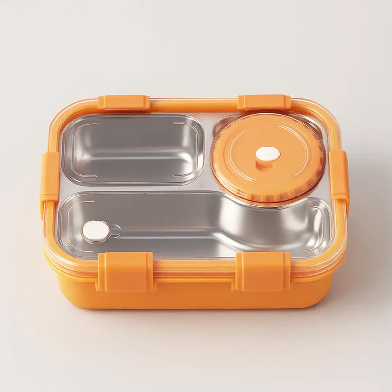 Stainless Steel Bento Lunch Box with Compartments, Cutlery & Sauce Container
