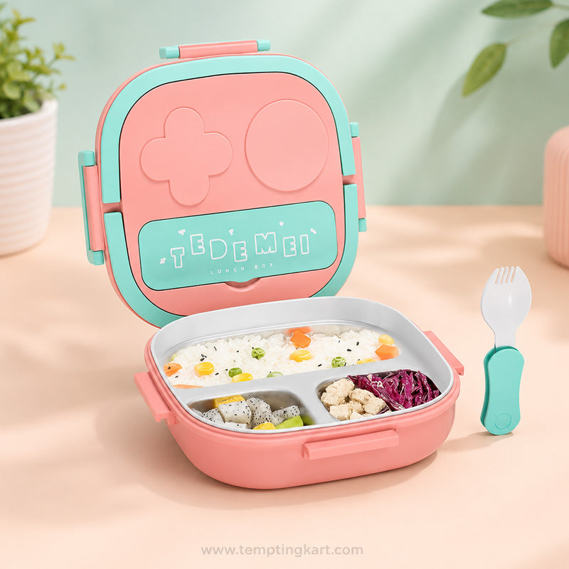 TEDEMEI 3-Compartment Stainless Steel Lunch Box with Spoon | Leakproof Bento Meal Container