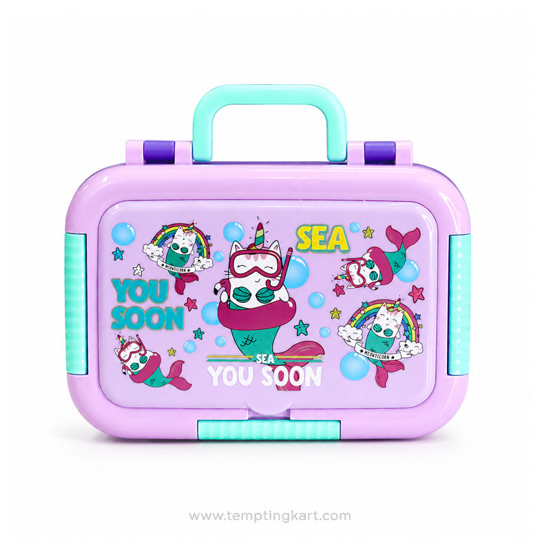 Sea Unicorn 3-Compartment Stainless Steel Lunch Box with Sauce Container & Spoon