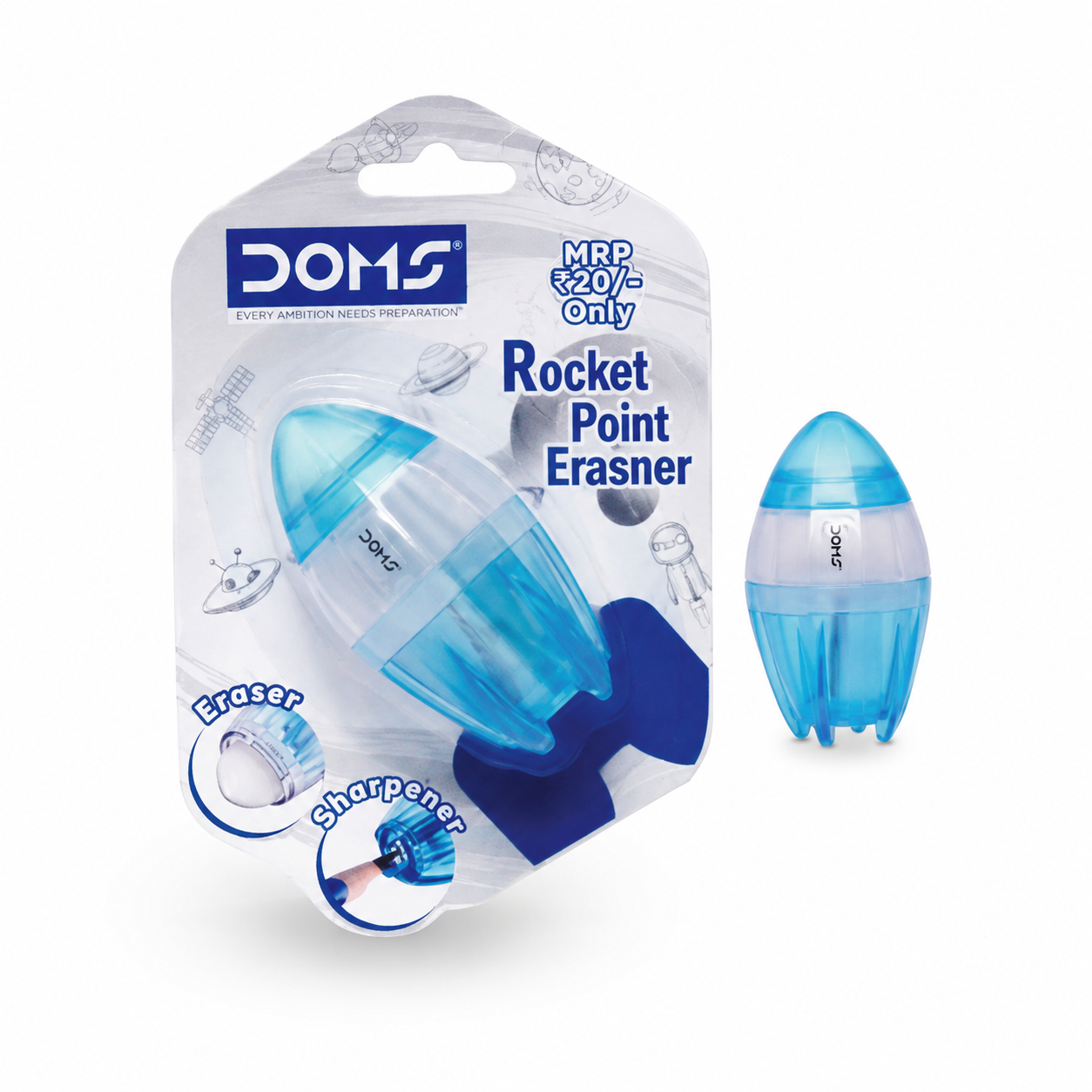 DOMS Rocket Point Eraser & Sharpener 2-in-1 | Rocket-Shaped Pencil Sharpener with Built-in Eraser & Dust Collector